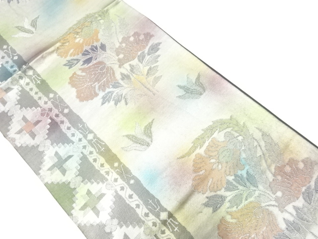 アンティーク　縞に草花模様織出し袋帯（材料）